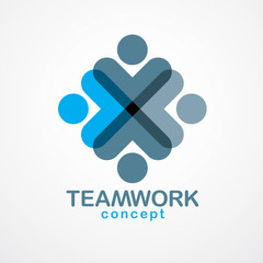 Teamwork businessman unity and cooperation concept created with simple geometric elements as a people crew. Vector icon or logo. Friendship dream team, united crew blue design.