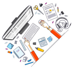 Fototapeta na wymiar Office employee or entrepreneur work desk workplace with hands and PC computer and diverse stationery objects for work, top view. All elements are easy to use separately. Vector illustration.