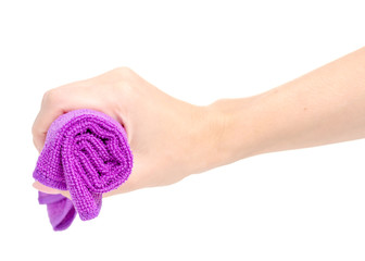 Microfiber purple textile in hand on white background isolation