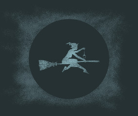 Illustration of flying young witch icon composed of particles. Witch silhouette on a broomstick with lamp. Halloween relative image.