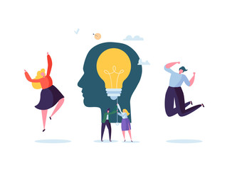 Creative Idea, Imagination, Innovation Concept with Light Bulb. Business People Characters Working Together on New Project. Vector illustration