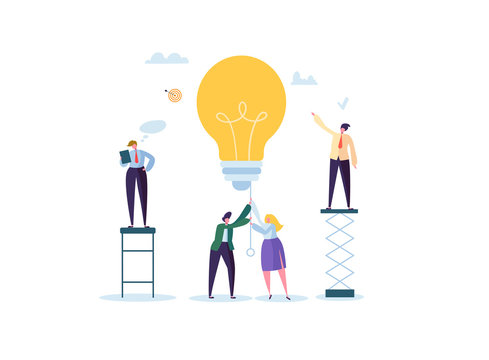 Creative Idea, Imagination, Innovation Concept with Light Bulb. Business People Characters Working Together on New Project. Vector illustration