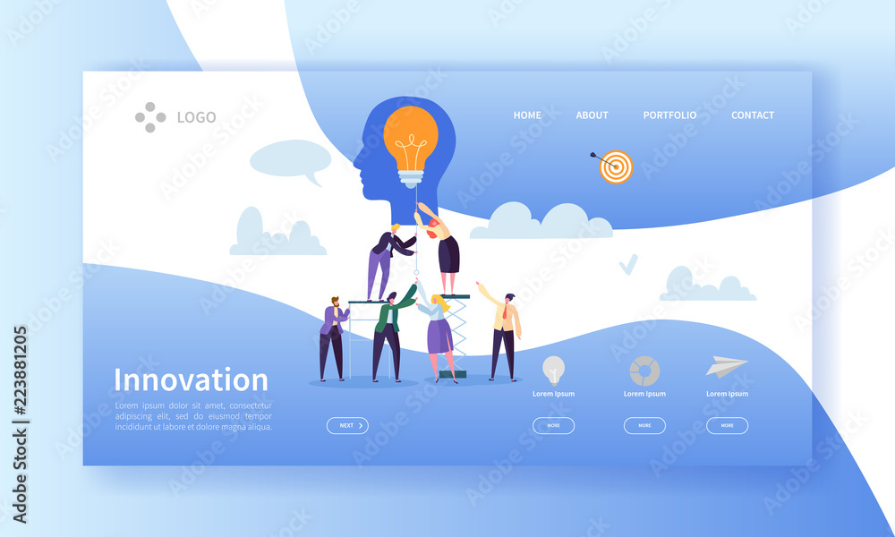 Poster business innovation landing page template. creative idea website layout with flat people characters 