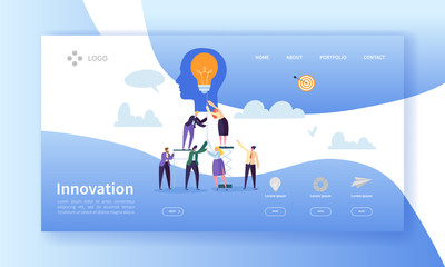 Business Innovation Landing Page Template. Creative Idea Website Layout with Flat People Characters and Light Bulb. Easy to Edit and Customize Mobile Web Site. Vector illustration