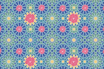 Fototapeta na wymiar Abstract geometric mosaic pattern, marbled tiles zellij in Moroccan style, textured seamless illustration