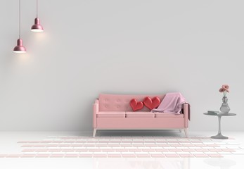Two red hearts on pink sofa in white living room decor with tree,pillows, pink lamp, glass table, Window, White wall tile floor. Rooms of Love on Valentine`s Day. Background and interior. 3D render.