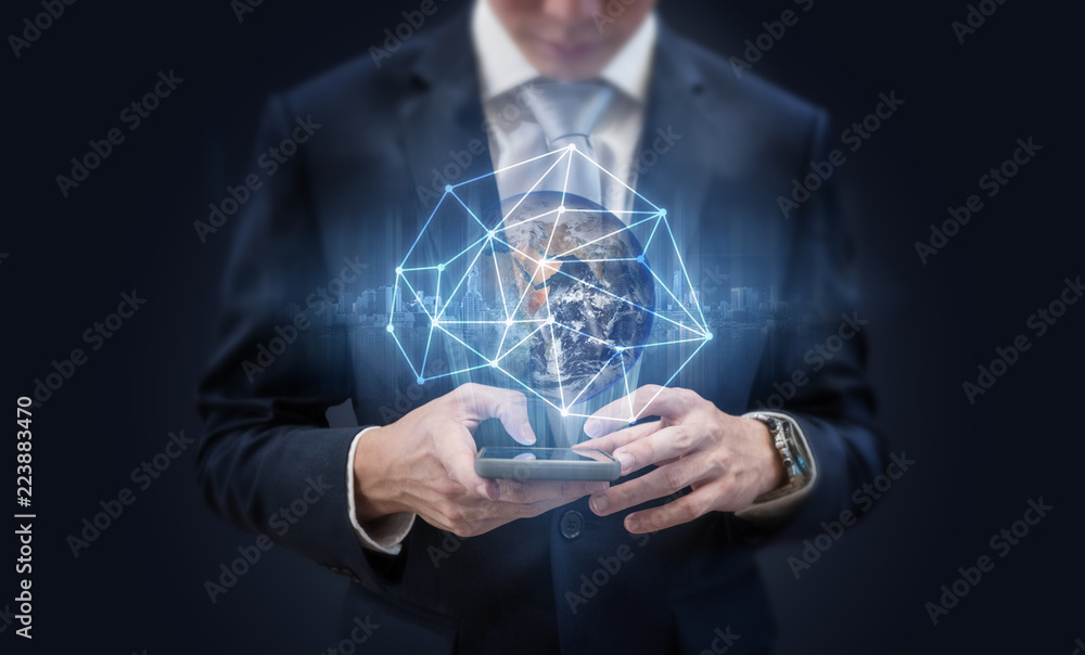 Aufkleber social media and business network communication technology. businessman using mobile phone and globa
