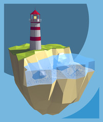 low poly lighthouse design in island logo blue background