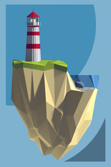 low poly lighthouse design in island logo blue background
