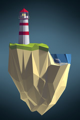 low poly lighthouse design in island logo blurred blue background