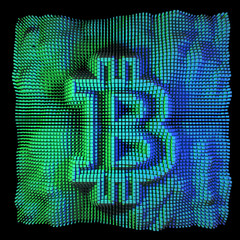 Abstract colorful bitcoin 3d render, green, blue