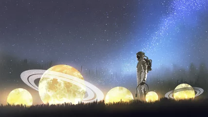 Deurstickers astronaut kijkt naar sterren op het gras, digitale kunststijl, illustratie, schilderkunst © grandfailure