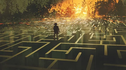Foto auf Acrylglas zerstörtes Labyrinthkonzept, das den Mann zeigt, der in einem verbrannten Labyrinthland steht, digitaler Kunststil, Illustrationsmalerei © grandfailure