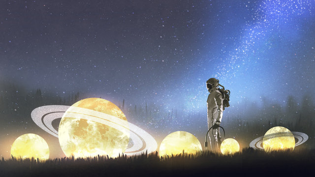 astronaut looking at stars on the grass, digital art style, illustration painting