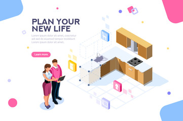 Real estate looking and buying, then moving cardboard on that space. Couple planning on online tablet interface together. Home research concept with characters. Flat isometric vector illustration.