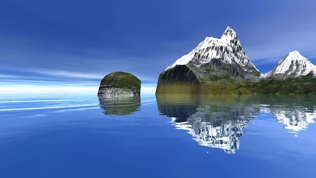 Islands, a natural landscape, snowy mountains, reflection on water and a blue sky.