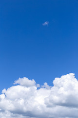 Blue sky background with white clouds, rain clouds on sunny summer or spring day.