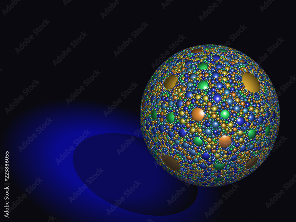 Poster a beautiful magic sphere with a spherical pattern. glossy metal surface with shadows and reflections