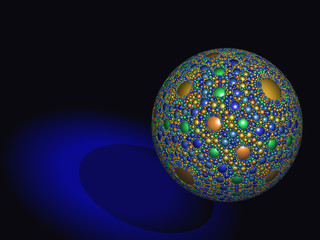 A beautiful magic sphere with a spherical pattern. Glossy metal surface with shadows and reflections. Technologies of fractal graphics.  Black background with reflex.