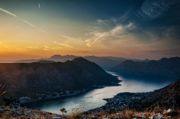 Fototapeta premium Sunset in Boka Kotorska view from Top of Kotor