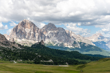 Fototapeta premium Mountain scene of the Italian Dolomites, near the Giau Pass, on a Summer Afternoon.