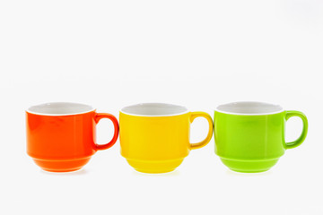 Colorful coffee cup isolated on white background, image studio shot.