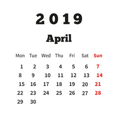Simple calendar on april 2019 year with week starting from monday isolated on white