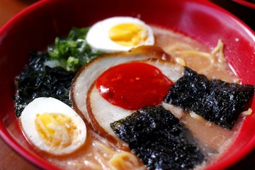 Bowl of freshly cooked pork Tan Tan Men Ramen noodles soup