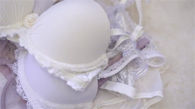 Beautiful beige and white silk and lace lingerie closeup
