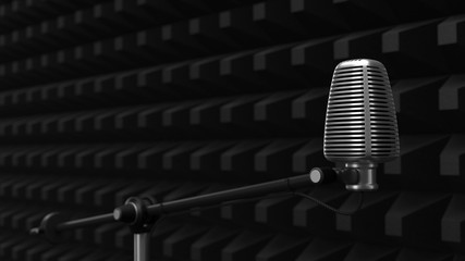 acuistic foam covered wall with condenser microphone. silent room concept. 3d illustration