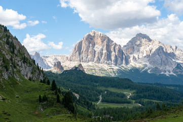 Mountain scene of the Italian Dolomites, near the Giau Pass, on a Summer Afternoon.