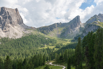 Mountain scene of the Italian Dolomites, near the Giau Pass, on a Summer Afternoon.