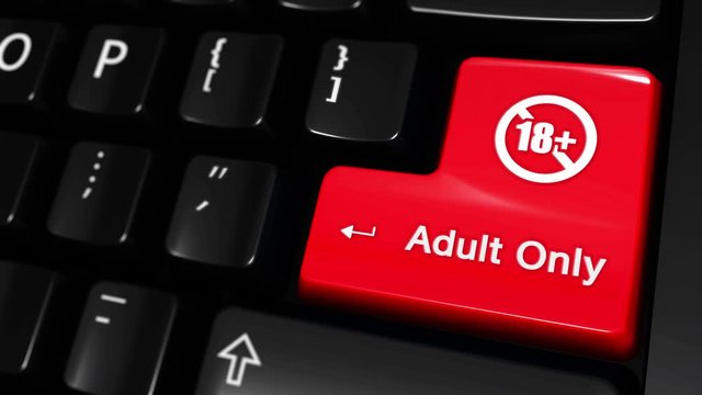 82. Adult Only Moving Motion On Red Enter Button On Modern Computer Keyboard with Text and icon Labeled. Selected Focus Key is Pressing Animation.