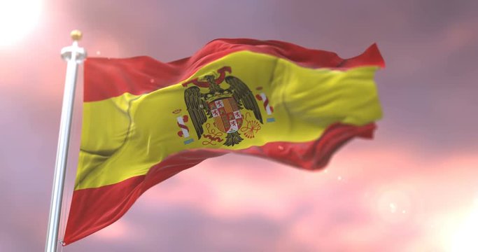 Flag of Spain in the Franco dictator era, pro Franco or francoist, waving at wind at sunset, loop