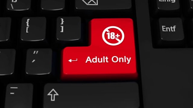 83. Adult Only Rotation Motion On Red Enter Button On Modern Computer Keyboard with Text and icon Labeled. Selected Focus Key is Pressing Animation.