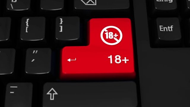 86. Adult Only 18 Pluse Rotation Motion On Red Enter Button On Modern Computer Keyboard with Text and icon Labeled. Selected Focus Key is Pressing Animation.