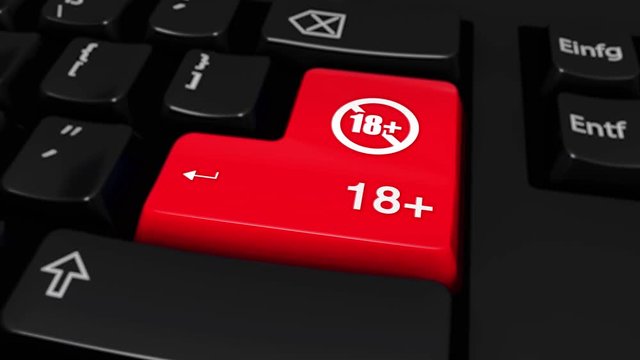 87. Adult Only 18 Pluse Round Motion On Red Enter Button On Modern Computer Keyboard with Text and icon Labeled. Selected Focus Key is Pressing Animation.
