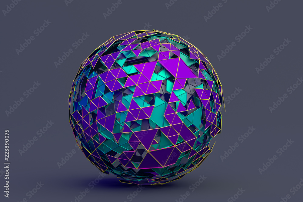 Poster abstract 3d rendering of polygonal sphere. geometric shape, futuristic modern background design for 