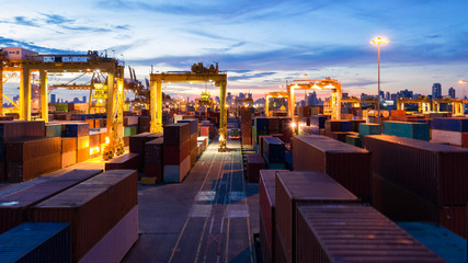 Container ship in export and import business and logistics. Shipping cargo to harbor by crane....