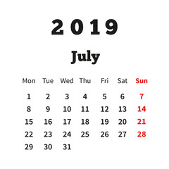 Simple calendar on july 2019 year with week starting from monday isolated on white