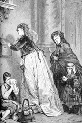 the mailbox, women in line to mail a letter to a loved one, vintage engraving