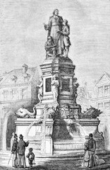 Rouen, France - fountain monument Jean-Baptiste de La Salle at Place Saint-Clément built in 1875, vintage engraving