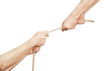 Hands hold on the rope and pull out other hands, lift them out of trouble, problems on a white...