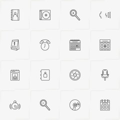 Mobile Interface line icon set with compact disk, calendar and alarm