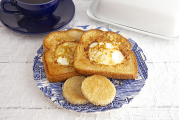 A Classic Meal Eggs Fried in the Center of Toast for Breakfast