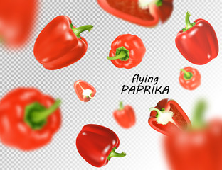 Isolated flying vegetables. Falling sweet red paprika isolated on white background. Realistic vector, 3d illustration