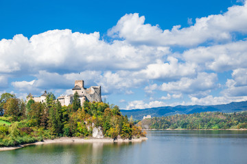 Nidzica old castle and lake in Poland. Landmark visited by many tourists.