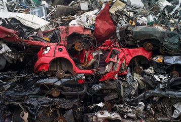 Scrapped Red Car on Junkyard