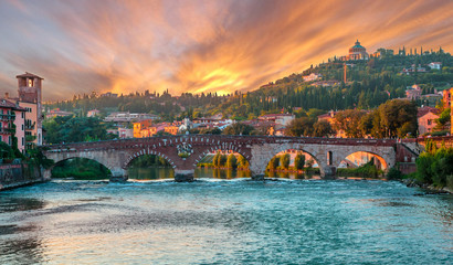 Teatro Romano and Ponte Pietra bridge on Adige river in Verona, Veneto region, Italy.