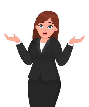 Oops! Sorry! I do not know.  Businesswoman shrugging shoulders spreading hands in do not know gesture.  Businesswoman concept illustration in vector cartoon style.